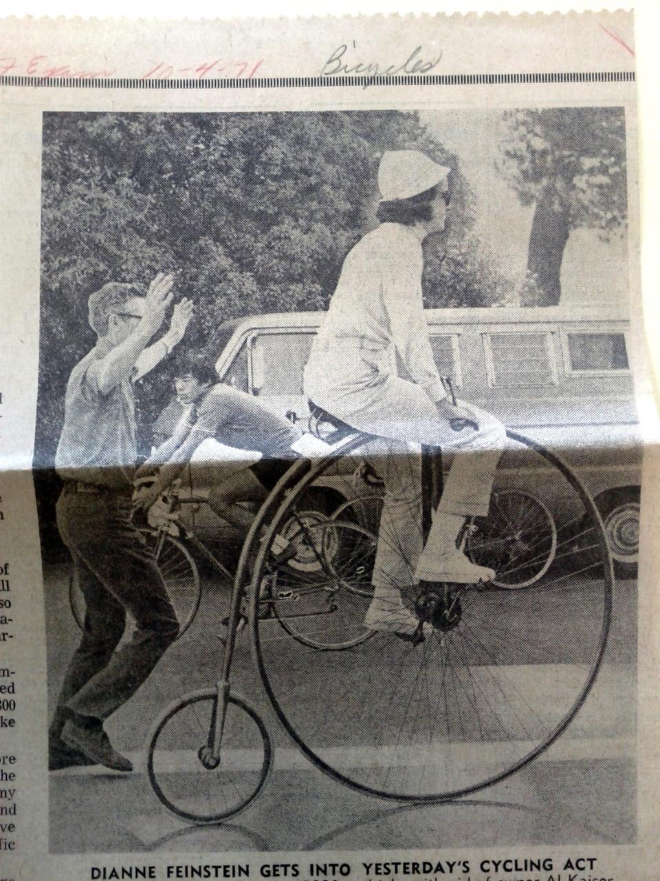 1971 photo of "Mayoralty candidate Dianne Feinstein" on a pennyfarthing (found on a recent library visit).