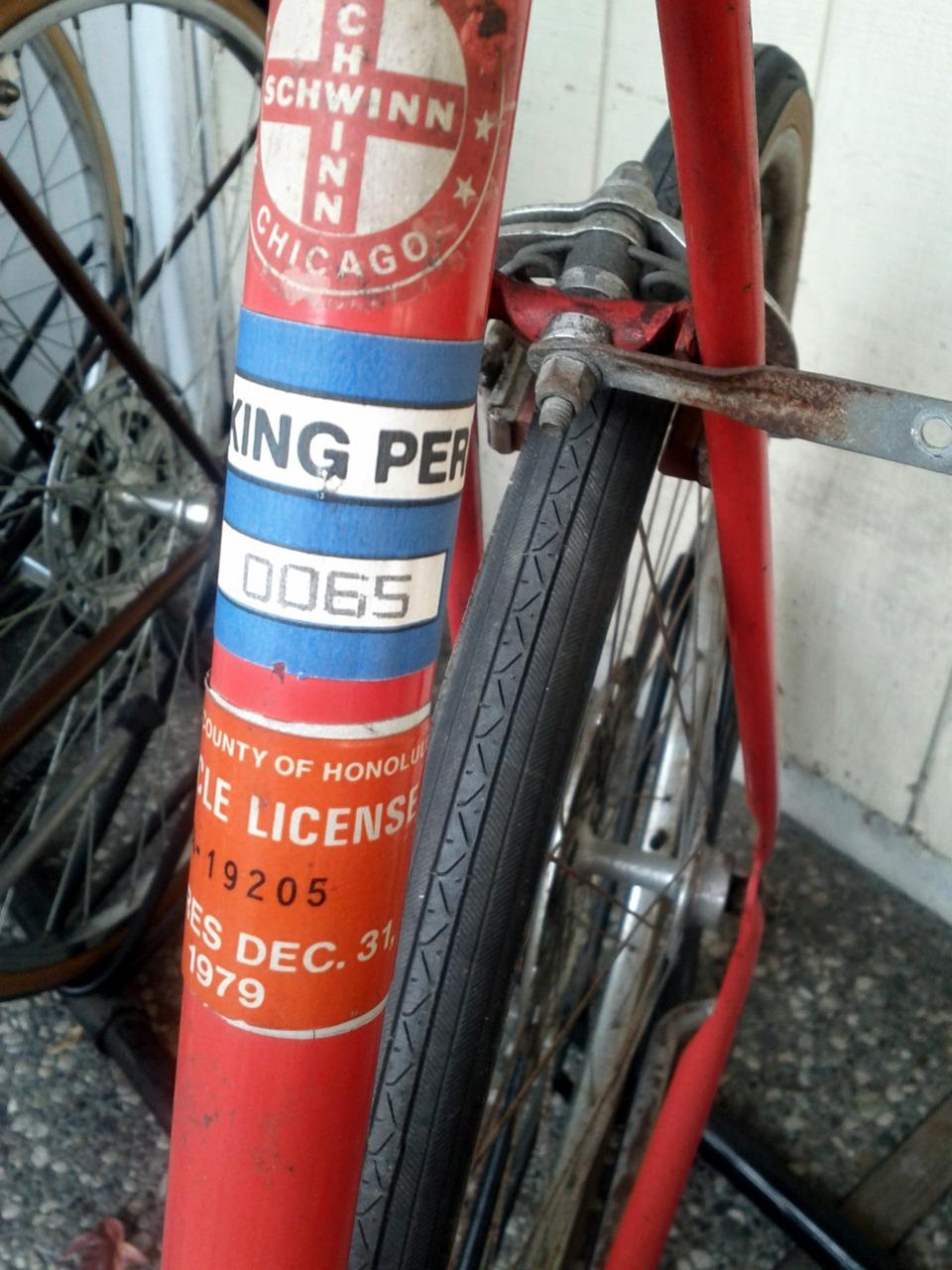 1979 Honolulu bicycle license sticker, seen on an old Schwinn