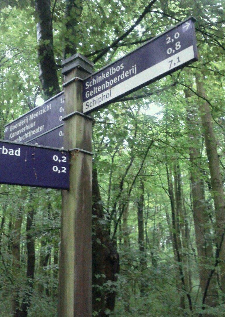 Directional signs to the airport along bike paths through the woods...