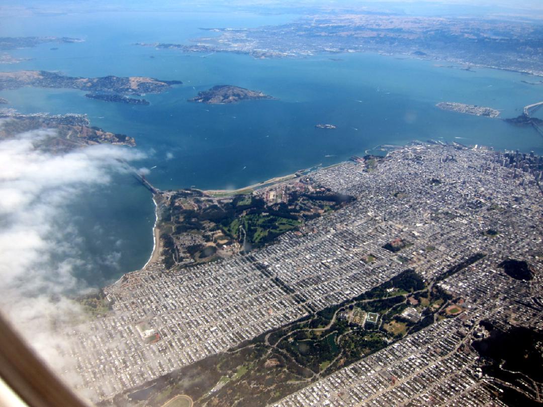 In a plane above San Francisco, almost home