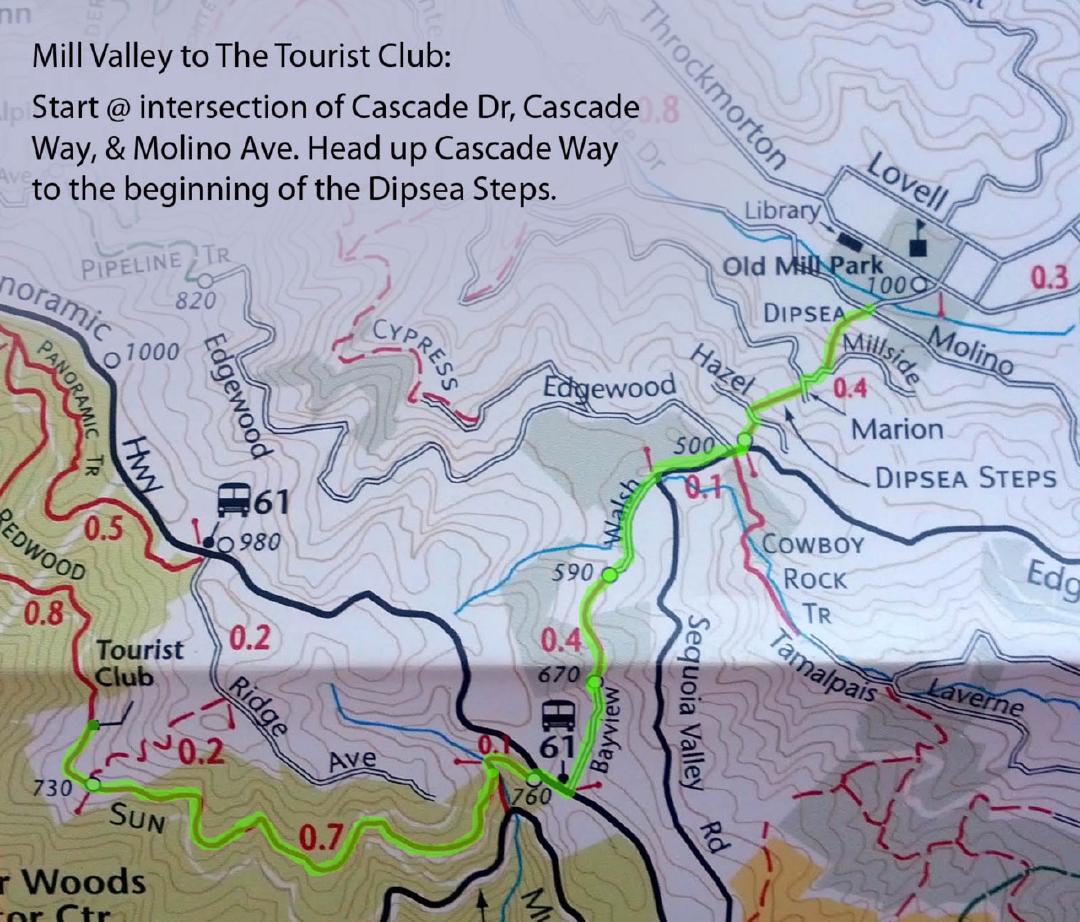 Map of the hike from downtown Mill Valley to The Tourist Club. I've never found a good one online-- the one on the Tourist Club...