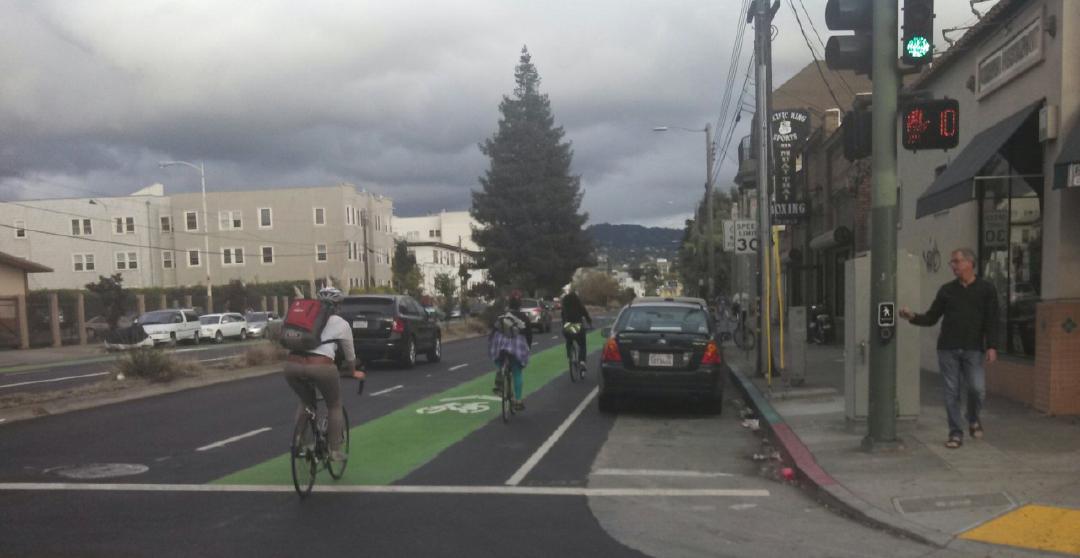 Nice new green-striped bike sharrow-lane, 40th, Oakland