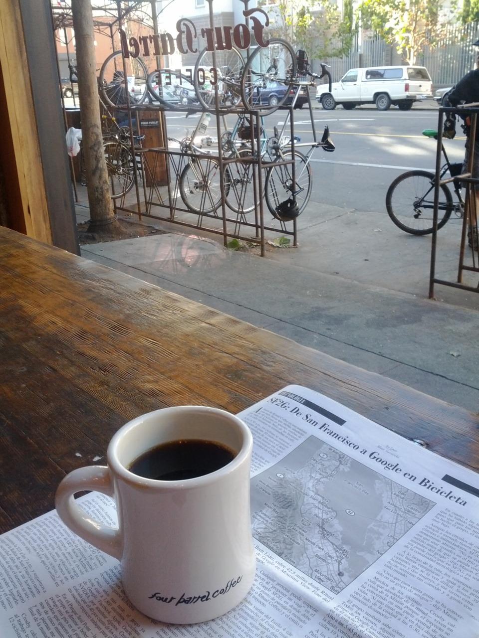 Pre-ride reading, coffee