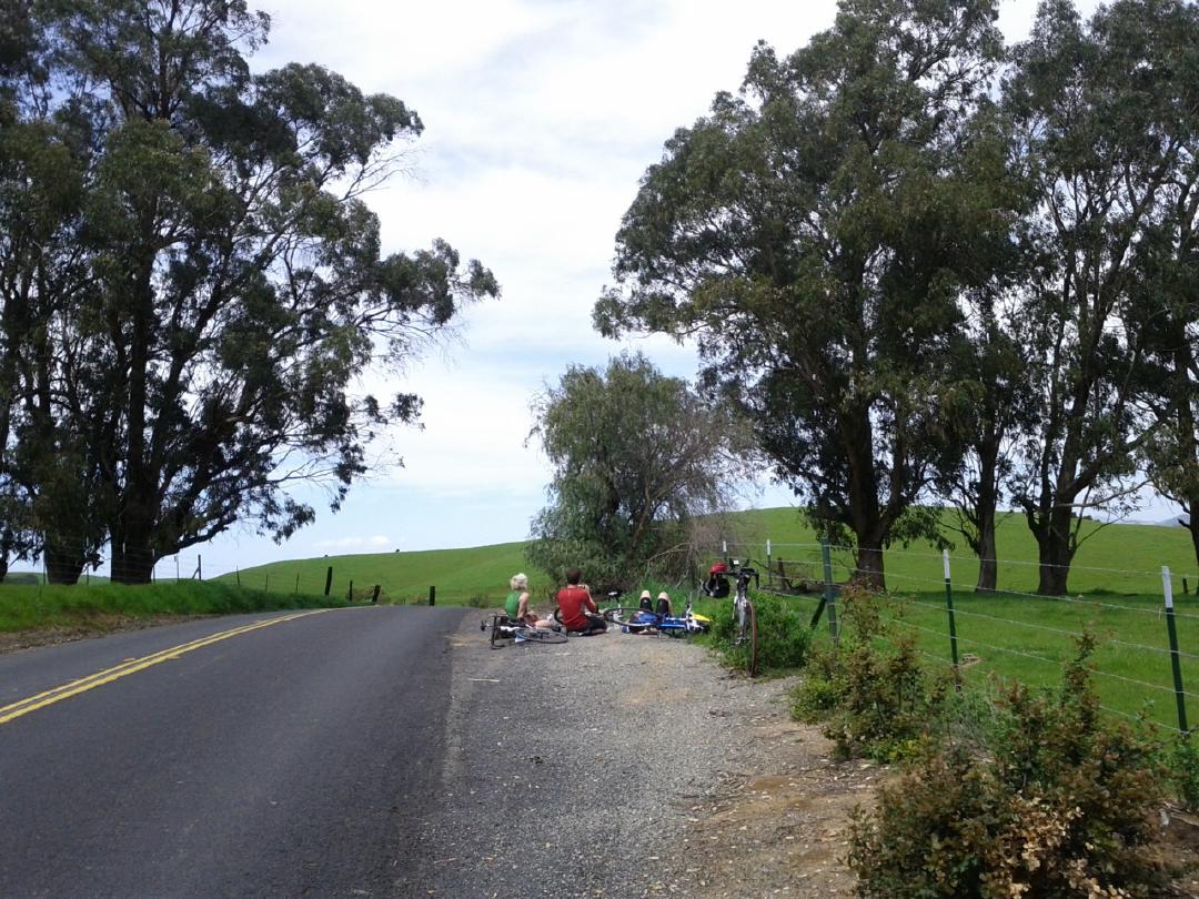 Taking a break after a very steep hill.